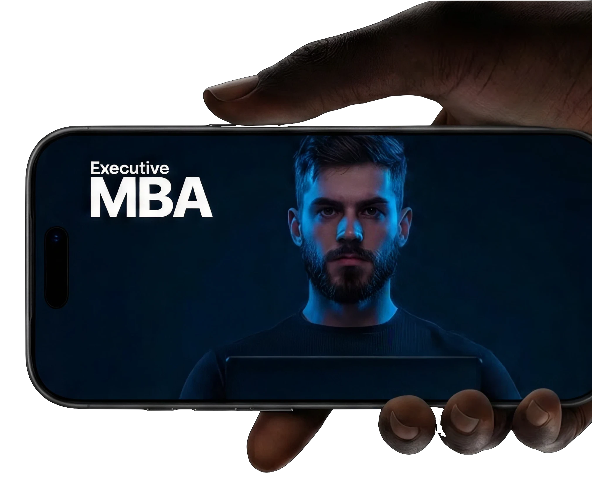 A hand holding an iPhone playing an Executive MBA lesson