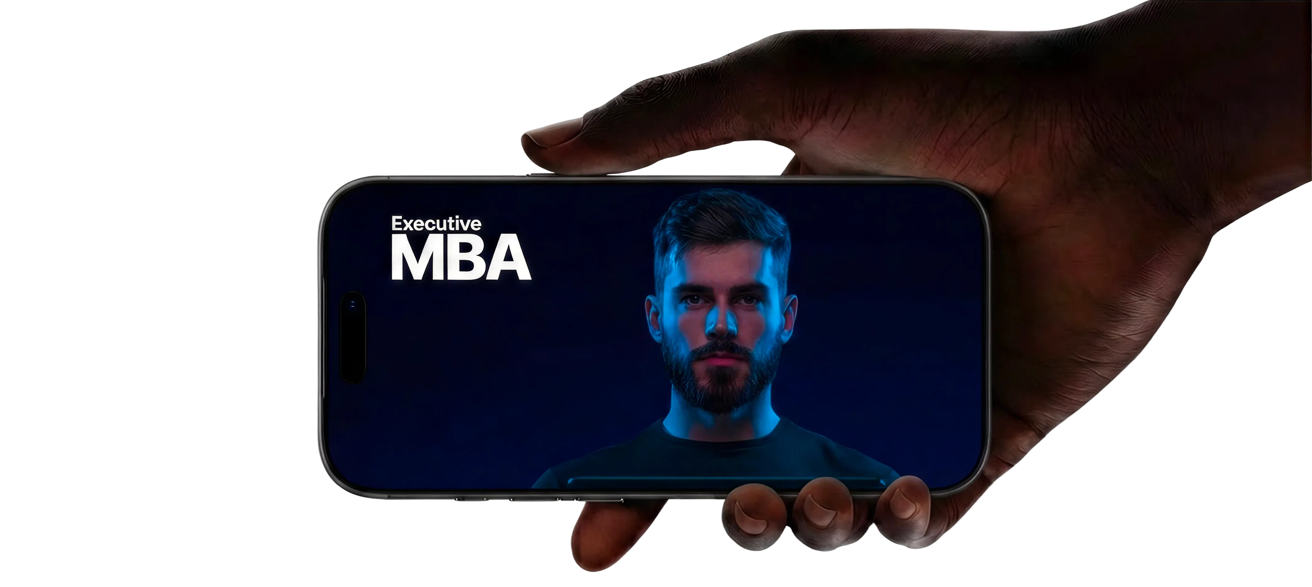 A hand holding an iPhone playing an Executive MBA lesson
